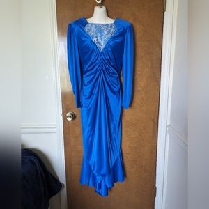 Vtg 80s Lerner Blue Lace Sheer Long Sleeve Back Ruffle Train Party Dress